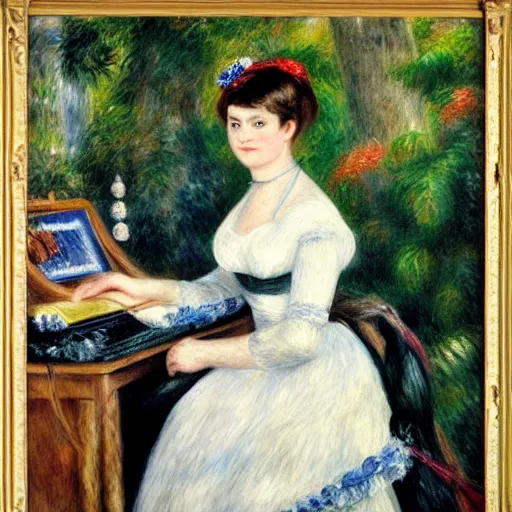 Prompt: ada lovelace with loom and computer, style of renoir, full body portrait of beautiful!!! woman