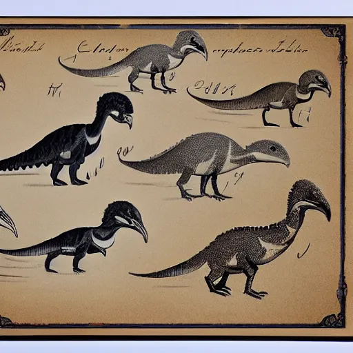 Image similar to vintage parchment with a sketch of a group of feathered dinosaurs with full descriptions, 8K, HD, highly detailed, high quality