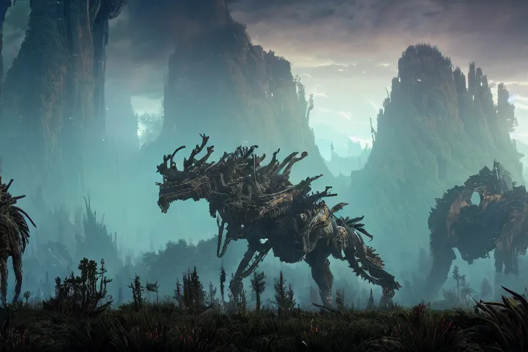 Image similar to wide epic shot from horizon forbidden west. a hyper detailed organic mechanic creatuve realistic similar look as horizon forbidden west horizon zero dawn, bioluminiscence in a dark deep forest at dawn in spring, with reflection and textures, by kilian eng, substance painter reaslitic mech surface metal painted scratches, world env from horizon forbidden west horizon zero dawn