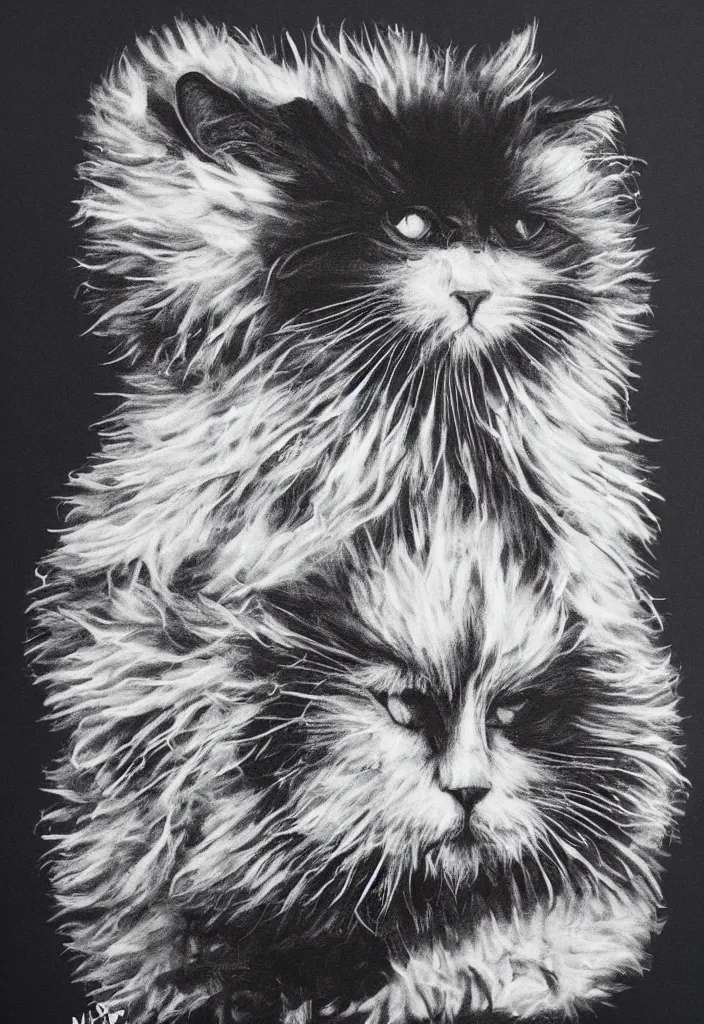 Image similar to fluffy cat with an afro comb t - shirt design, by jules julien, kaws, dark grisaille monochrome neon spraypaint, ironic surrealism, hypebeast