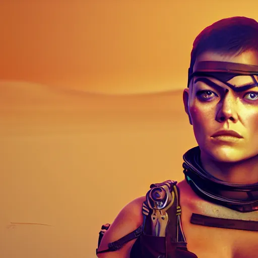 Image similar to Emma Stone as Furiosa by Ilya Kushvikov, symmetrical face concept art, octane render unreal engine meta humans, trending on artstation, desert, main colors orange, yellow, red and white