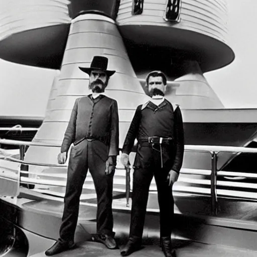 Image similar to picture of wyatt earp and doc holliday standing on the deck of a futuristic spacecraft, high detail, ultra realistic, high fidelity
