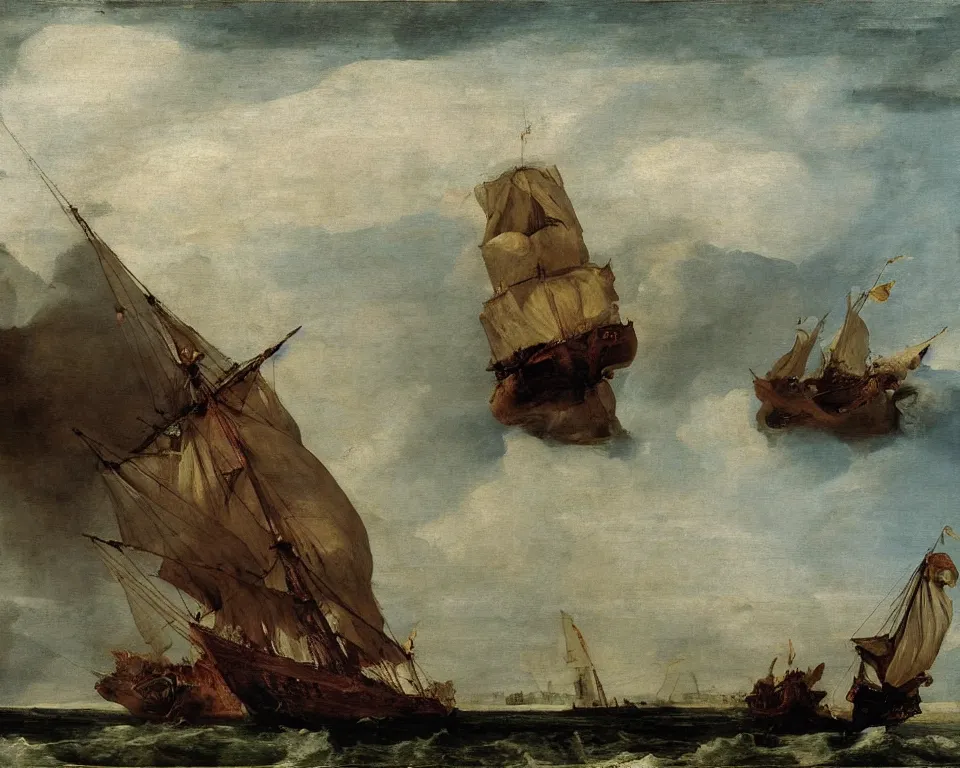 Prompt: beautiful oil painting of a Spanish galleon sailing next to partially submerged roman ruins by Raphael, Goya, and Hopper.
