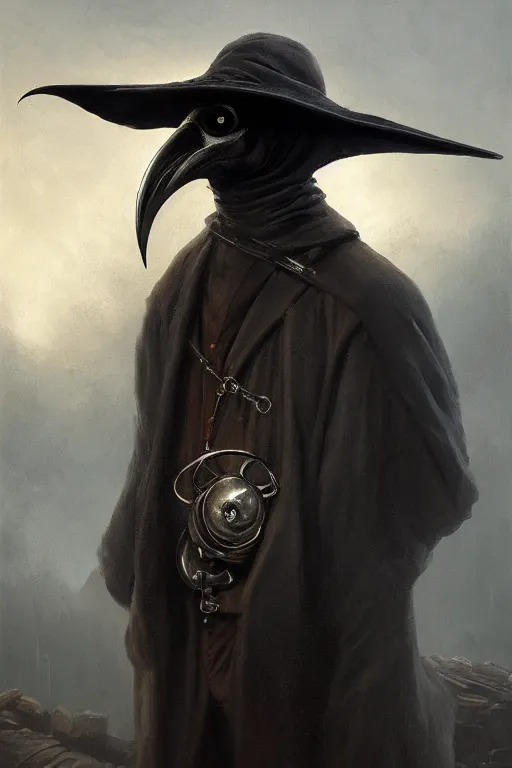 Image similar to A fancy portrait of a plague doctor wearing a beak mask by Greg Rutkowski, Dan Mumford, Christophe Vacher, Sung Choi, Mitchell Mohrhauser, Bloodborne, 8k photorealistic, volumetric lighting, HD, high details, dramatic, dark atmosphere, trending on artstation