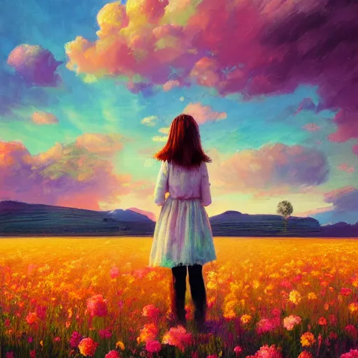 Image similar to girl with a blooming flower face, surreal photography, standing in flower field, in a valley, sunrise dramatic light, impressionistic painting, colorful clouds, artstation, simon stalenhag