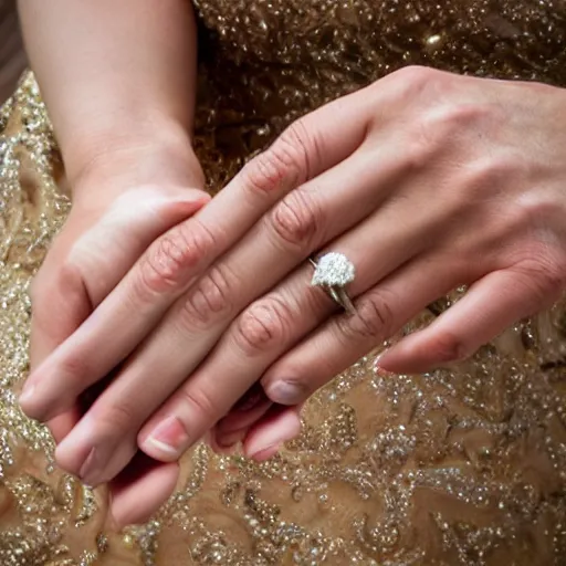 Prompt: a photo of bride's normal hand with wedding ring and five fingers