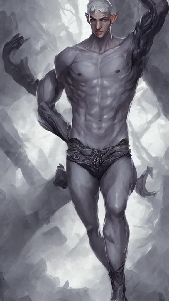 Image similar to a cute calm handsome young adult male muscular slim blu skin elf with grey light tight clothes concept art in the style of lee bermejo and greg rutkowski