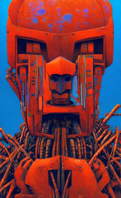 Prompt: portrait of mecha african tribal chief, insibidi symbols, symmetrical, dramatic lighting, colourful, art by zdzislaw beksinski,