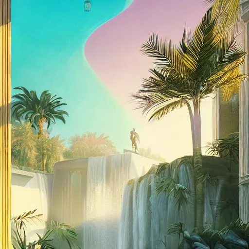 Prompt: waterfall, indoor liminal space, golden light, greg rutkowski, palm trees, pink door, minimalistic, hyperrealistic surrealism, award winning masterpiece with incredible details, epic stunning, infinity pool mirrors, a surreal vaporwave liminal space with mirrors, highly detailed, trending on artstation, artgerm and greg rutkowski and alphonse mucha, daily deviation