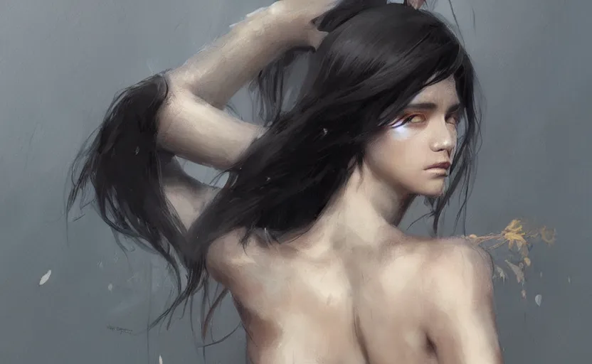 Image similar to a painting of aki trending on artstation in the style of greg rutkowski, beautiful, sensual, natural skin, horns on head, long black hair