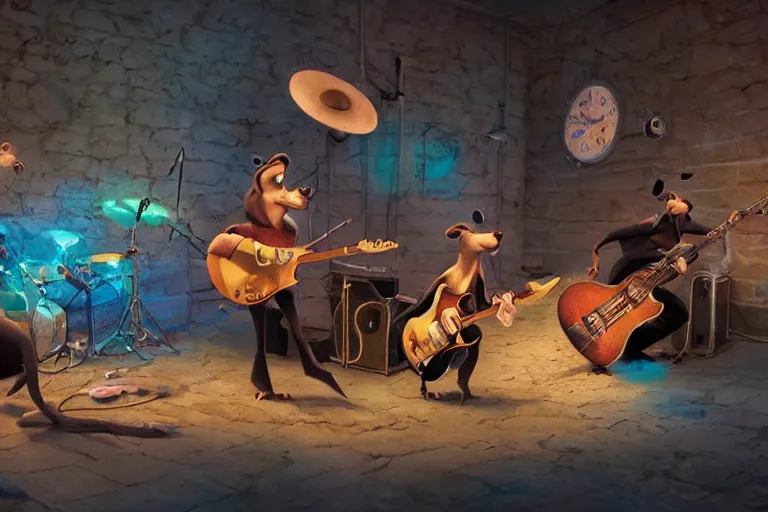 Image similar to rats playing in a rock band inspired by the beatles, beautiful, dreamlike, wholesome, pixar and disney animation, sharp, rendered in unreal engine 5, art by greg rutkowski, bloom, dramatic lighting, brown pallete,