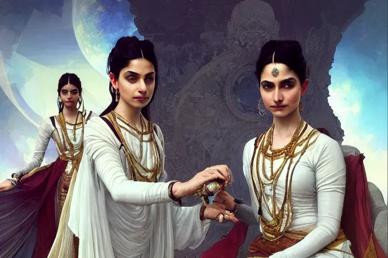 Prompt: Sensual good looking pale young Indian doctors wearing Renaissance clothing in a space station above Earth, portrait, elegant, intricate, digital painting, artstation, concept art, smooth, sharp focus, illustration, art by artgerm and greg rutkowski and alphonse mucha