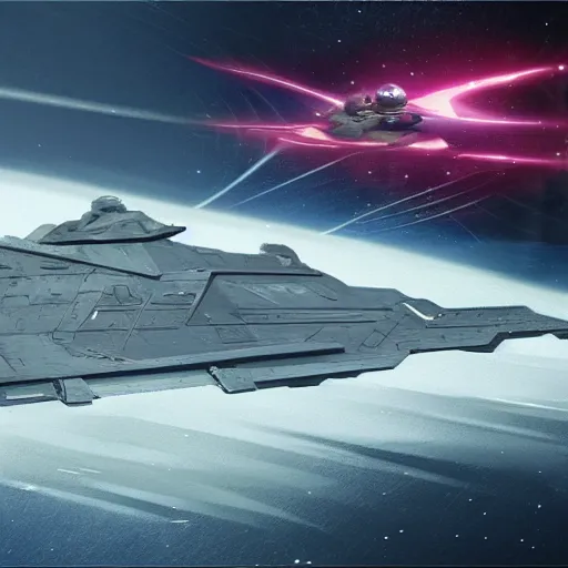 Image similar to a superstar destroyer in warp speed, sci-fi, high detail concept art ::