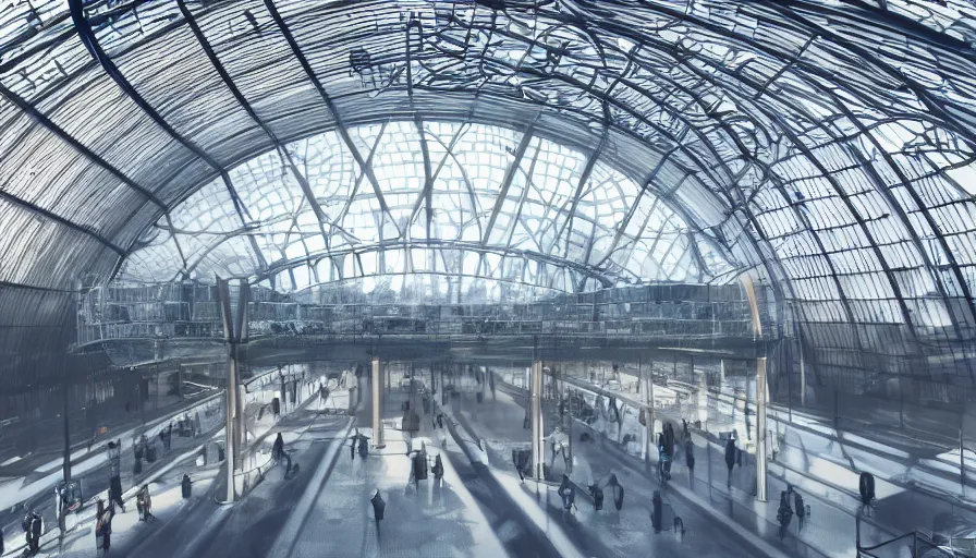 Prompt: futuristic neo - gothic berlin train station with glass dome, hyperdetailed, artstation, cgsociety, 8 k