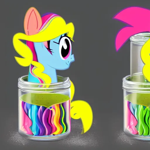 Image similar to a my little pony figure in a jar covered in a mysterious sticky yellowish fluid