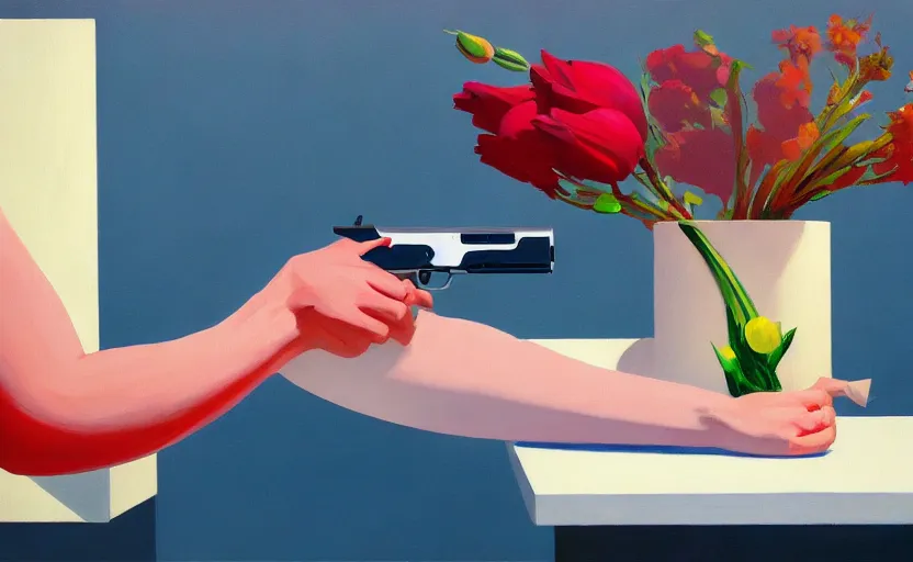 Image similar to beautiful still life featuring blooming flowers and a hand gun, very coherent, painted by Edward Hopper, painted by James Gilleard, airbrush, art by JamesJean