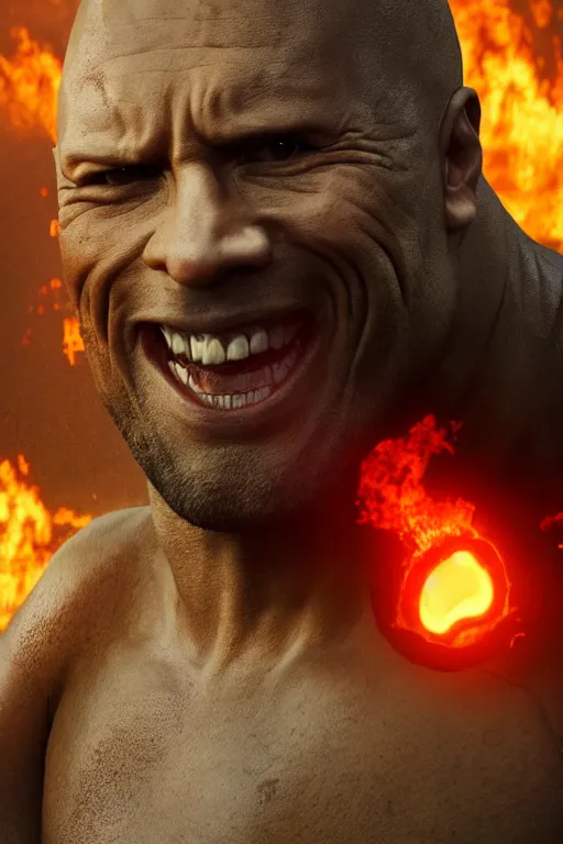 Prompt: Dwayne the Rock Johnson as the Devil, horns and red glowing eyes, smiling, post apocalyptic hell background, fires, high res render, octane cgsociety