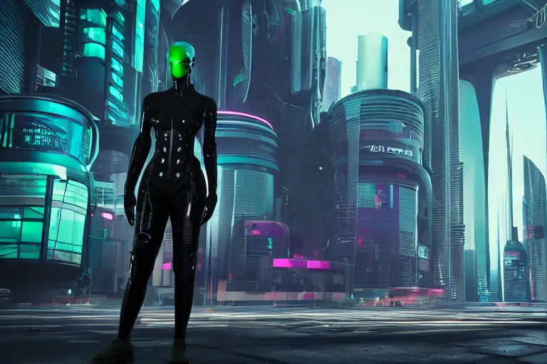 Image similar to cyberpunk alien concept inspired street, futuristic look, highly detailed body, very powerful, photorealistic camera shot, bright studio setting, studio lighting, crisp quality and light reflections, unreal engine 5 quality render