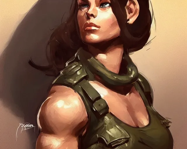 Image similar to portrait of a very beautiful female bodybuilder ww ii soldier in team fortress 2 style, epic, tragic, dark fantasy art, fantasy, pretty, hd shot, digital portrait, beautiful, artstation, comic style, by artgerm, guy denning, jakub rozalski, magali villeneuve and charlie bowater