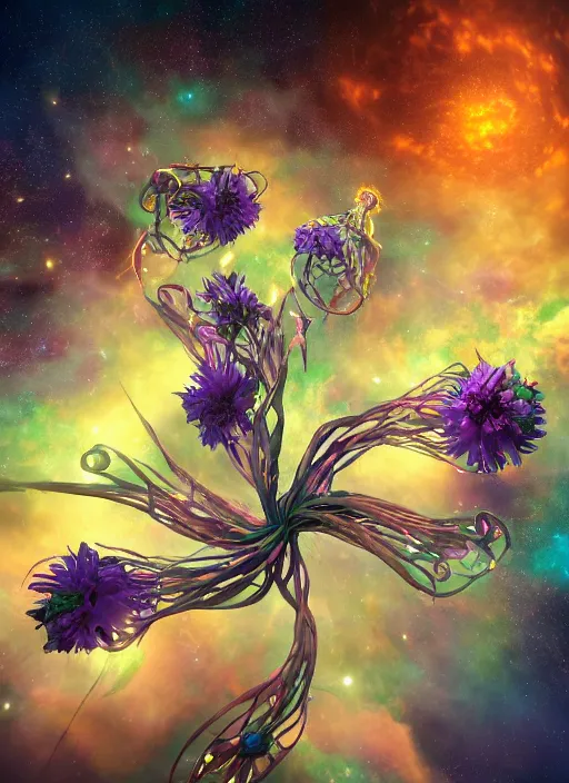 Image similar to An epic fantastic realism comic book style painting of the most beautiful entwined flowers launched across the dark galactic night sky, nebulous bouquets, fisheye lens, unreal 5, DAZ, hyperrealistic, octane render, dynamic lighting