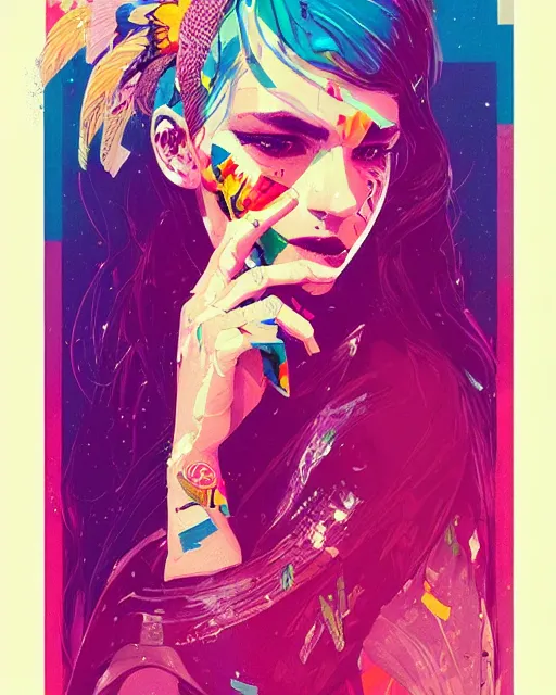 Prompt: an ultradetailed beautiful painting of a stylish woman with colorful band aids, rave concert poster, retro, conrad roset, greg rutkowski, flume cover art, 8 0 s