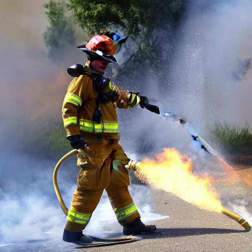 Image similar to a firefighter extinguishing a fire with a flamethrower