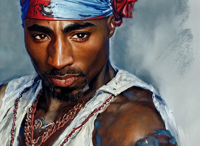 Image similar to a highly detailed beautiful portrait of tupac shakur as kratos, by gregory manchess, james gurney, james jean