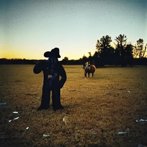 Image similar to “nighttime photograph of scarecrow cowboy and white pony standing in an empty field littered with trash and garbage while fireworks go off in the sky raining glowing burning embers falling from the night sky. Flash photo. 35mm. Cursed image.”