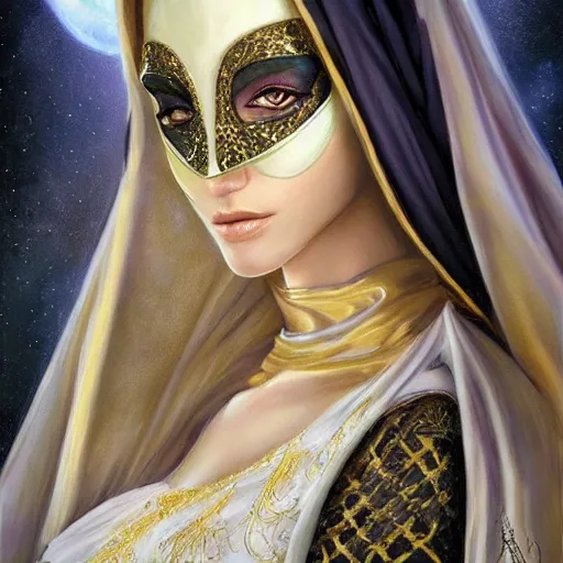 Image similar to a beautiful woman wearing a white niqab made of silk with golden jewelry and diamonds by alex gray and android jones, karol bak, ayami kojima, arabian, concept art, fantasy