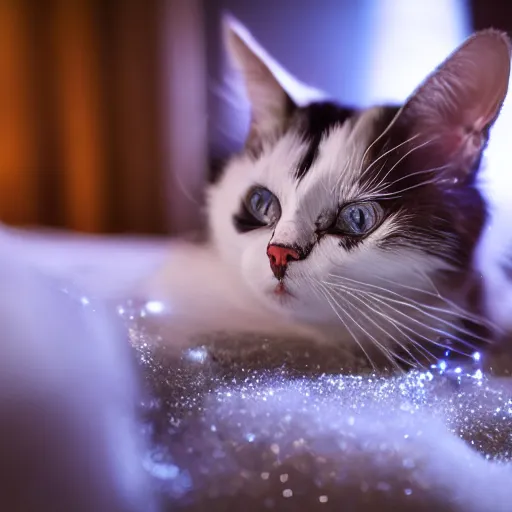 Prompt: snowshoe cat sleeping on a human's lap, wide angle shot, high resolution, cinematic lighting, glitter falling from the top of the photograph,