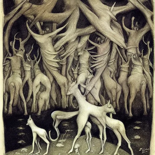 Prompt: forest of dancing wolves, by Odd Nerdrum, by Francisco Goya, by M.C. Escher, fairy-tale illustration style, very detailed, colorful, beautiful, eerie, surreal, psychedelic