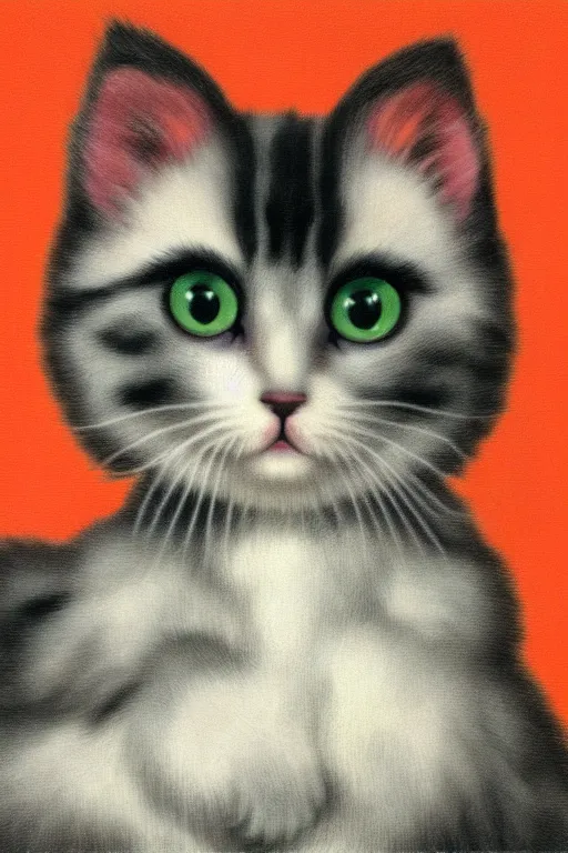 Image similar to 8K UHD cute kitten with floppy ears, by René Magritte, very detailed, matte, Gaussian blur, tone mapped