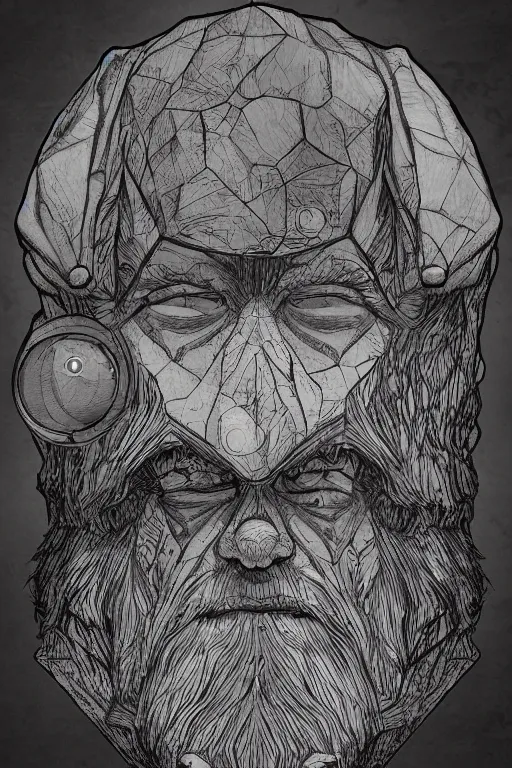 Image similar to portrait of hexagon shaped dwarf head and shoulders with single centered giant bloodshot eye, in the style of Greg Broadmore and Arthur Rackham,trending on artstation, light lighting side view,digital art,surrealism ,macro,blueprint ,vaporwave ,