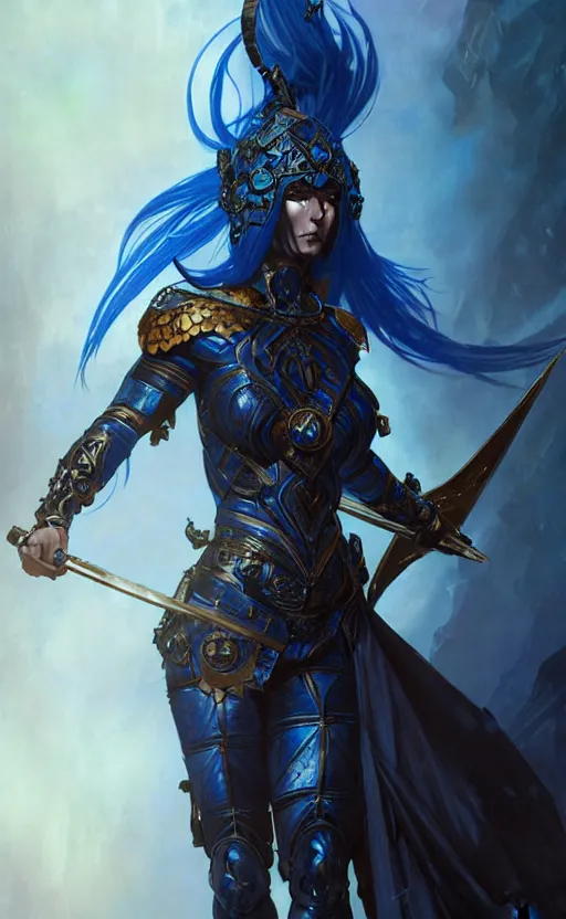 Image similar to Gothic muscular warrior queen in blue and black mythical heavy armor, fantasy, highly detailed, digital painting, artstation, concept art, smooth, sharp focus, illustration, art by artgerm and greg rutkowski and alphonse mucha