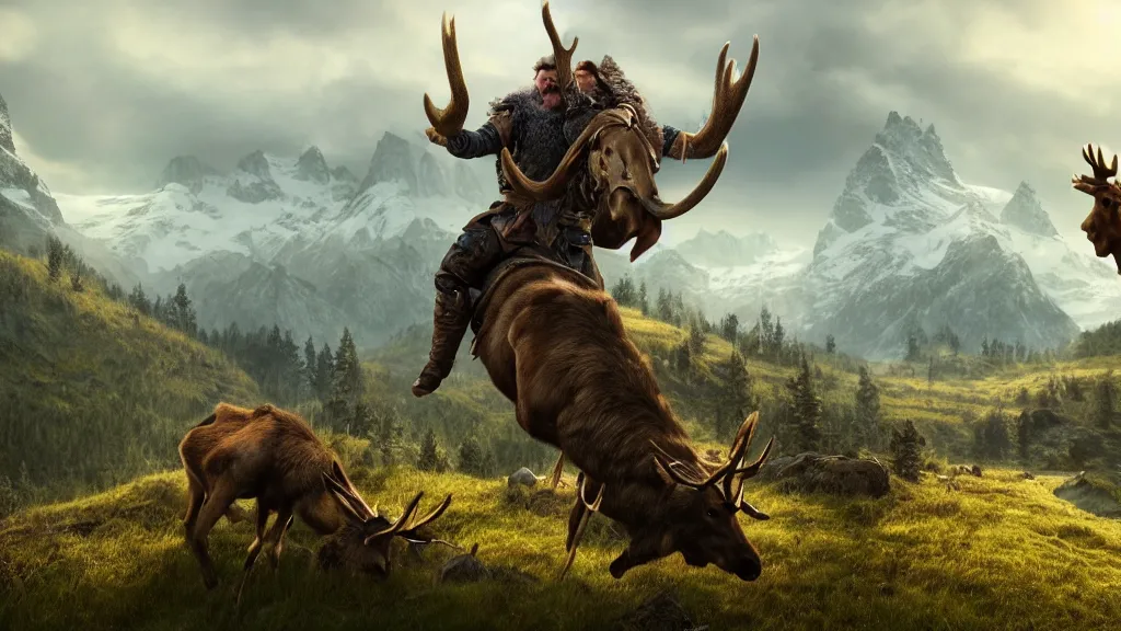 Image similar to a viking riding a moose, fantasy artwork, nordic scenery, snowy green mountain, hd, hdr, ue 5, ue 6, unreal engine 5, cinematic 4 k wallpaper, 8 k, ultra detailed, high resolution, artstation, award winning