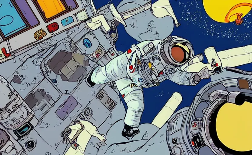 Image similar to a female astronaut floating in a scenic space environment repairing the spacecraft in the style of yoko tsuno