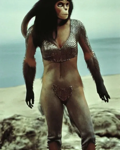 Prompt: photo shoot of beautiful long haired actress Linda Harrison dressed Nova from the original Planet of The Apes Movie shot in the Style of Annie Leibovitz