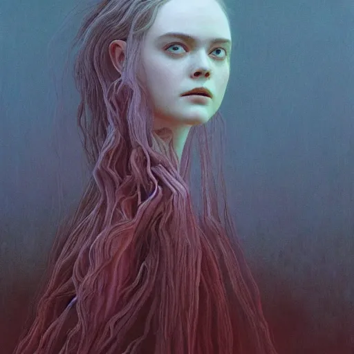 Image similar to Elle Fanning in a dark fantasy setting, intricate, smooth, artstation, painted by Wayne Barlowe, zdislav beksinski