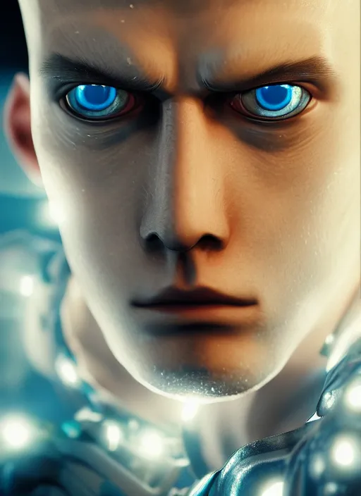 Prompt: Realistic Saitama blue eyes, artistic pose, light atmosphere, cinematic shot, intricate, ornate, photorealistic, ultra detailed, realistic, 100mm, photography, octane, high definition, depth of field, bokeh, 8k, artstation