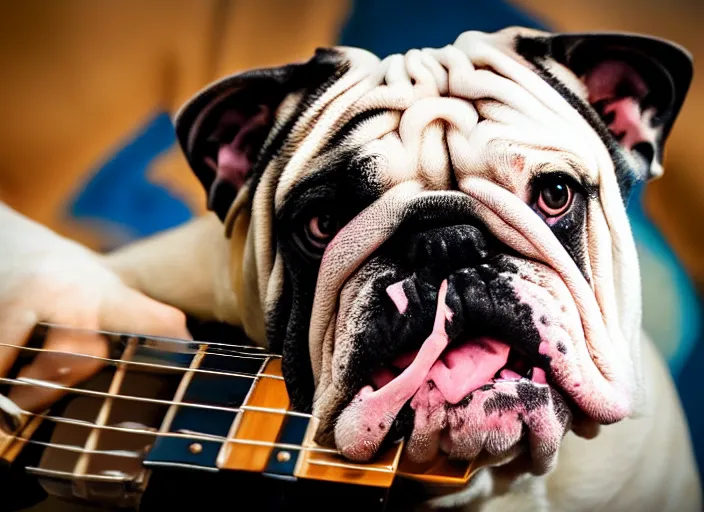 Image similar to a closeup, 4 5 mm, detailed photograph of a famous english bulldog rockstar holding a gitar, beautiful low light, 4 5 mm, by franz lanting