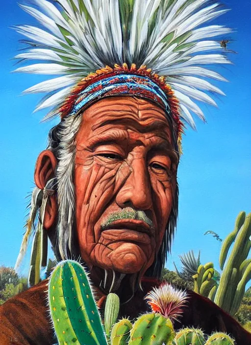 Prompt: a beautiful painting of the san pedro cactus with the face of an old indigenous man in the sky representing its spirit, fantast art, matte painting