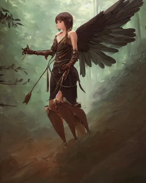 Image similar to a female anthropomorphic eagle warrior. She has two wings on her back. Forest, clearing. Atmospheric lighting, By Makoto Shinkai, Stanley Artgerm Lau, WLOP, Rossdraws, James Jean, Andrei Riabovitchev, Marc Simonetti, krenz cushart, Sakimichan, D&D trending on ArtStation, digital art.