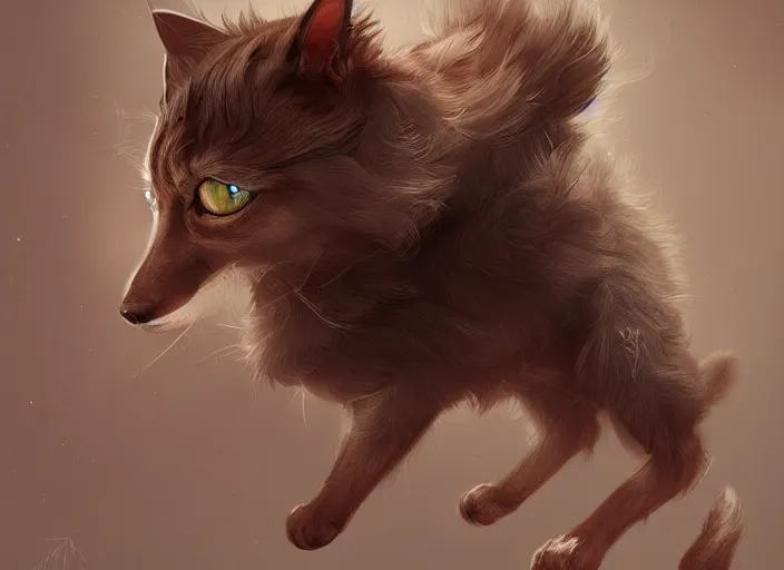 Image similar to epic professional digital art of Cat-Dog (creature which is both cat and dog), trending on artstation, cgsociety, wlop, Behance, pixiv, cosmic, deviantart, epic, stunning, gorgeous, detailed,