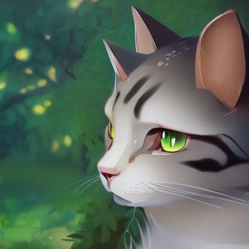 Prompt: portrait of a cat in a forest, by kawacy, trending on artstation, backlighting, sunlight, trending on pixiv, bokeh, furry art, anime