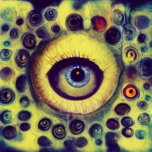 Prompt: A beautiful collage a large eye that is looking directly at the viewer. The eye is composed of a myriad of colors and patterns, and it is surrounded by smaller eyes. The smaller eyes appear to be in a state of hypnosis, and they are looking in different directions. by Norman Cornish, by Brooke Shaden playful