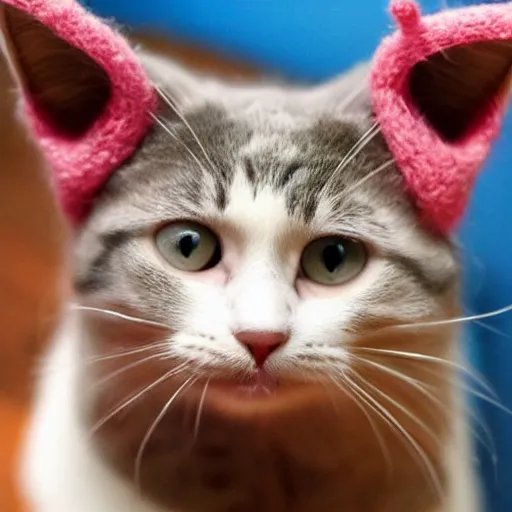 Image similar to cute cat photo, wearing wool hat, tongue mlem, cat ears