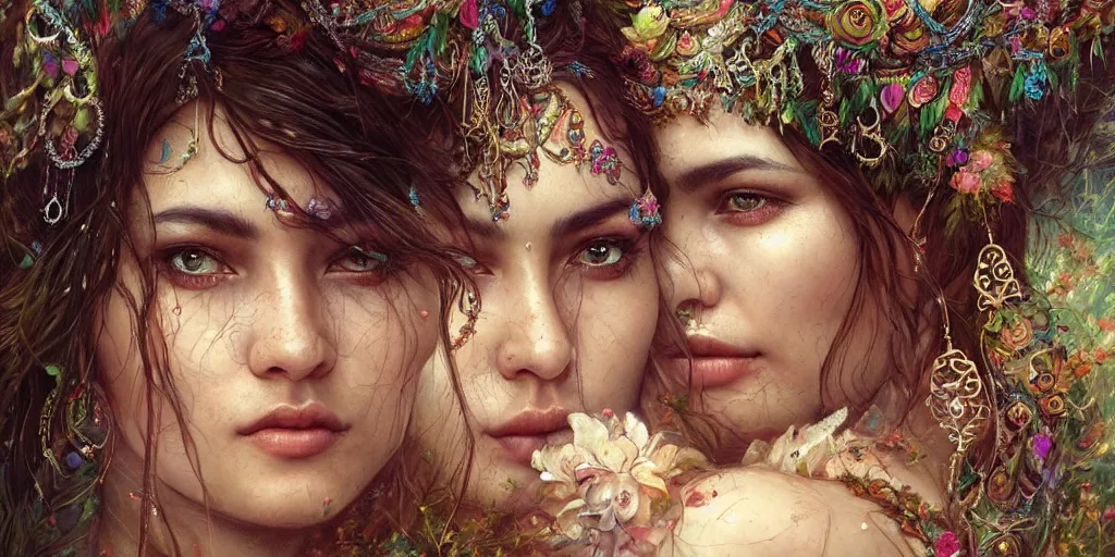 Prompt: a portrait of a group of female gypsies bathing in a forest lake by karol bak and jia ruan, beautiful detailed eyes, photorealistic, fantasy, intricate, elegant, highly detailed, digital painting, 4 k, hdr, concept art, detailed jewelry, smooth, sharp focus, illustration, art by artgerm