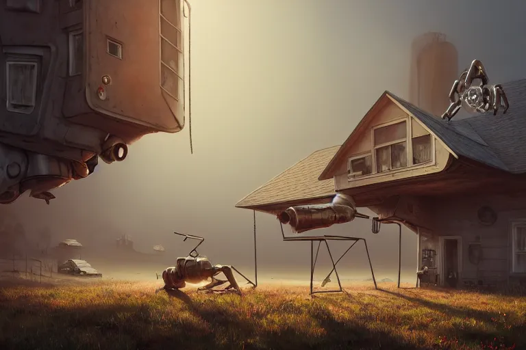 Image similar to a house with two mechanical legs looking like a human, rust, hyperrealistic, highly detailed, cinematic, single ray of sun, fog, beautiful, cgssociety, artstation, 8 k, oil painting