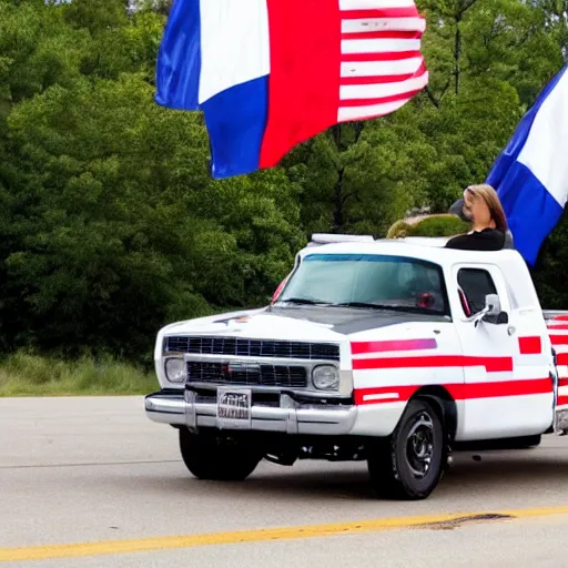 Image similar to pgoto of biden pickup trucks with american flags, there are very attractive woman in the back of the truck.