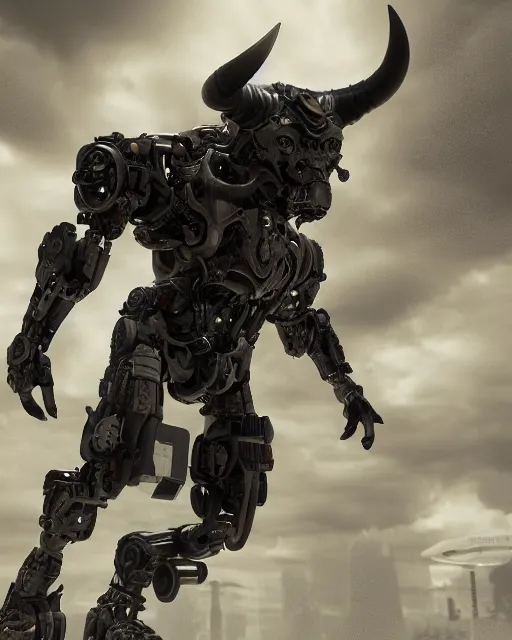 Image similar to a full body shot of a cyborg ( bull ) modeled after a bull looking into the camera, android, cyborg, full body shot, intricate, 3 d, hyper realism, fantasy, depth of field, octane render, symmetrical, highly detailed, digital art, artstation, concept art, cinematic lighting, trending